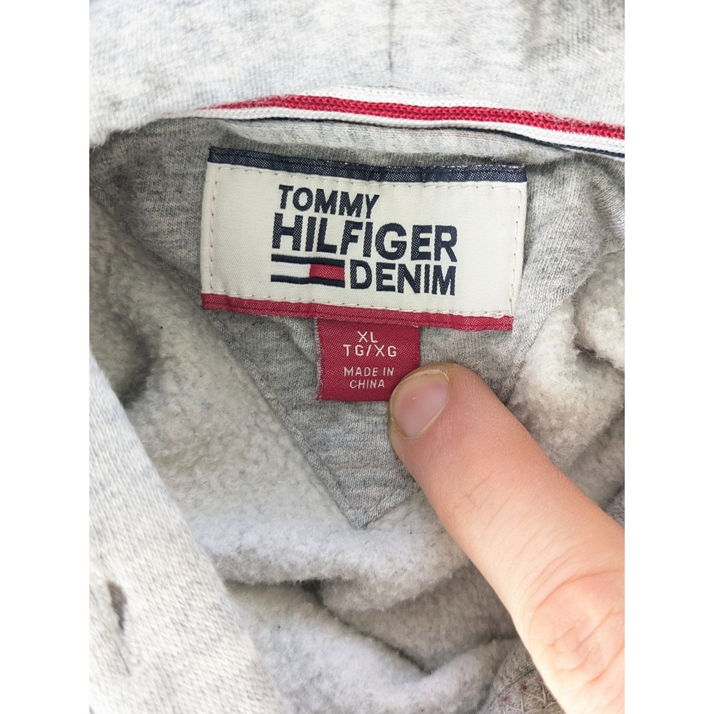 Tommy Hilfiger Denim Hoodie Mens XL Gray Flag Logo Pullover Sweatshirt XL (Fair) - Picture 3 of 4